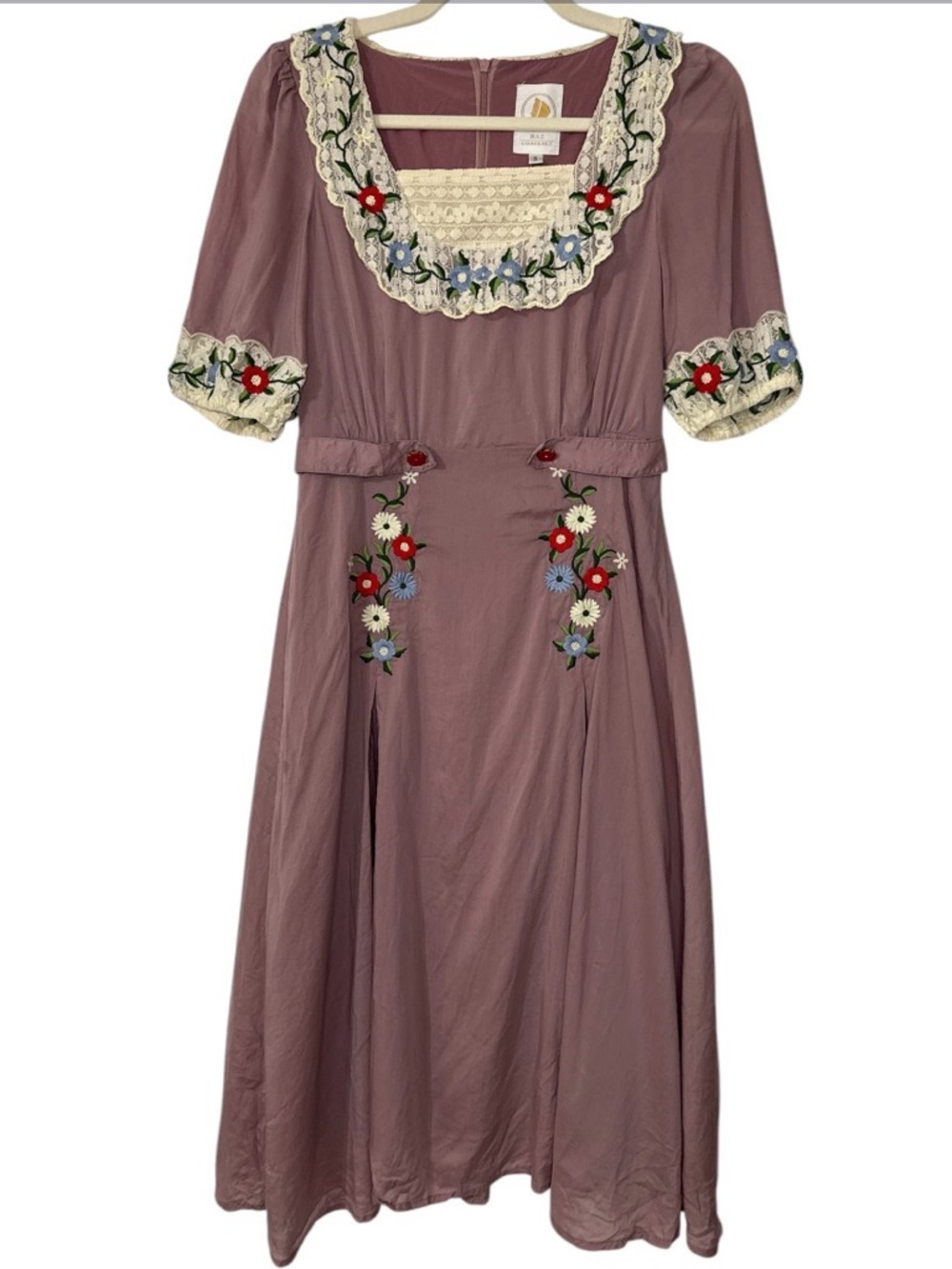 Lianerart‎ Embroidered Mauve Floral Midi Dress with Lace Trim
